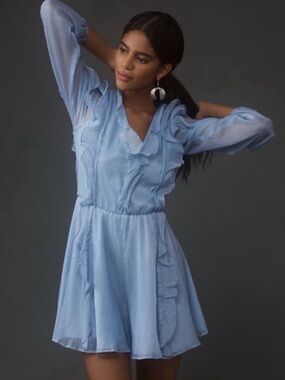 NEW Anthropologie Hutch Long-Sleeve Frilled Sky blue Romper L